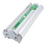 Silver Molift battery pack with a green label and gold contacts at one end