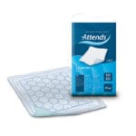 Attends Cover Dri Plus Absorbent Underpad 60×60 cm — single pad with hexagonal-pattern surface laid flat, next to the blue 50-pack pouch labelled Cover-Dri Plus
