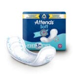 Attends Soft 3 Extra Plus Light to Medium Incontinence Pads — single large anatomical day pad with floral wings and dotted absorbent surface, next to the Attends Soft 10-pack pouch marked size 3+ Extra Plus