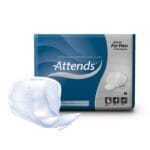 Attends For Men 4 Medium Incontinence Pads — single white shaped male pad with elasticated sides shown next to the blue Attends For Men 14-pack box marked with absorption level 4