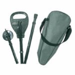 Classic Canes Foldaway Supaseat Seat Cane — dark green foldable seat cane shown disassembled with the round seat top, two folded leg sections and the upper shaft visible on the left, plus the matching dark green carry bag with black shoulder strap on the right