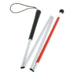 Cannes Fayet Foldable White Short Cane — short folding white aluminium mobility cane with reflective film and a rotating black hard-plastic ball at the tip for visually impaired users