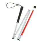 Cannes Fayet Foldable White Cane — white folding aluminium mobility cane with reflective film and a rotating black hard-plastic ball at the tip for visually impaired users