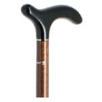 Cannes Fayet Black Lacquered Handle Cane — fixed brown-wood walking cane with a black-lacquered handle and a decorative silver ring between handle and shaft