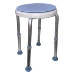 Mobilex Shower Stool with Rotating Seat — silver-grey aluminium shower stool with a round rotating seat plate on ball bearings, height-adjustable legs and non-slip ferrules