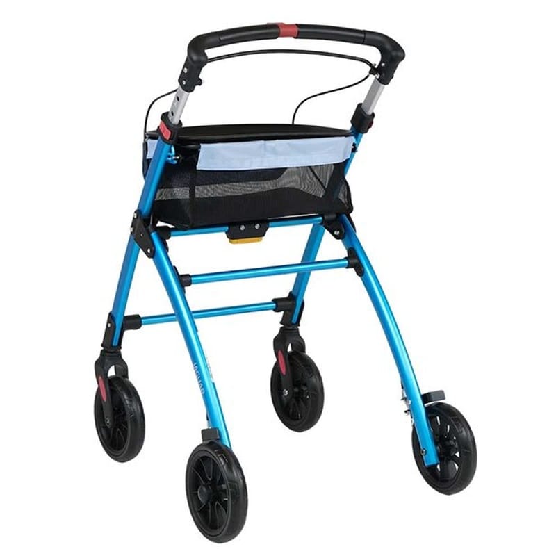 Blue rollator from behind at an angle, with basket and cross bars