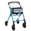 Mobilex Jaguar indoor rollator in light blue with tray, basket and zip bag, front three-quarter view