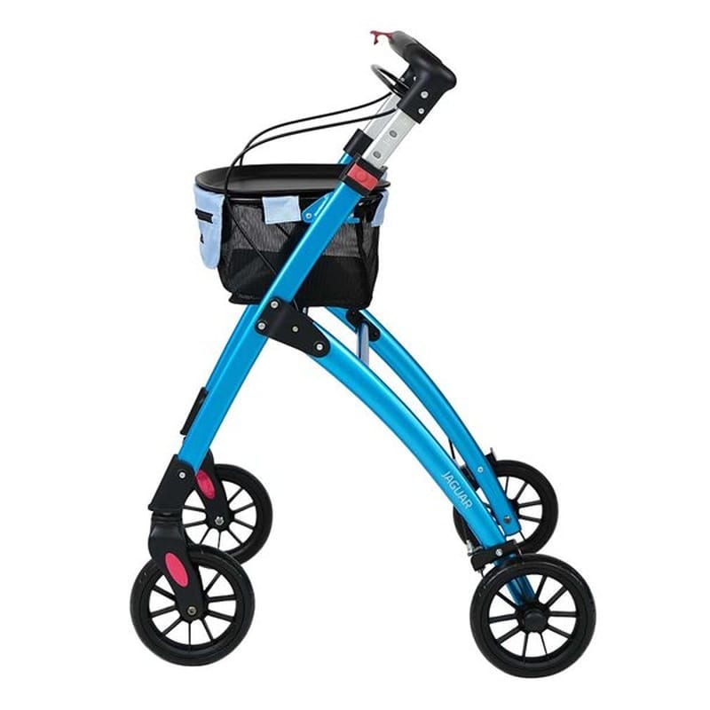 Blue rollator from the side with JAGUAR printed on the frame