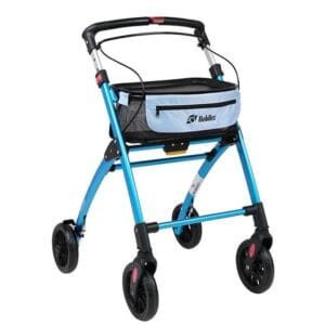 Mobilex Jaguar indoor rollator in light blue with tray, basket and zip bag, front three-quarter view