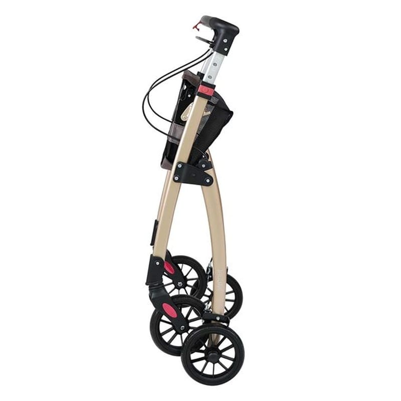 Champagne rollator folded and standing upright