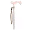 Classic Canes Beige Wrist Strap — beige braided textile wrist loop with elastic collar fastened around the shaft of a floral-pattern walking cane below the derby handle