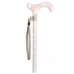 Classic Canes Beige Wrist Strap — beige braided textile wrist loop with elastic collar fastened around the shaft of a floral-pattern walking cane below the derby handle