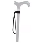 Classic Canes Black Wrist Strap — black braided textile wrist loop with elastic collar fastened around the shaft of a pale grey walking cane below the derby handle
