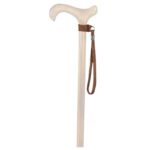 Classic Canes Brown Wrist Strap — brown braided textile wrist loop with elastic collar fastened around the shaft of a pale natural wooden walking cane below the derby handle