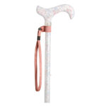 Classic Canes Pink Wrist Strap — pink braided textile wrist loop with elastic collar fastened around the shaft of a floral-pattern walking cane below the derby handle