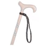 Classic Canes Brown Leather Wrist Strap — dark brown braided leather wrist loop fastened around the shaft of a pale natural wooden walking cane by a brown leather band with a black metal snap button