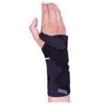 Black Selection Soft wrist orthosis worn on a hand with two straps and a thumb grip