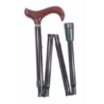 Classic Canes Petite Foldable Classic Cane — partly folded showing the wine red derby wooden handle on top, black aluminium shaft sections held by elastic cord and the black rubber ferrule visible on one end