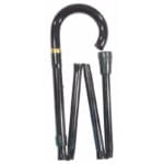 Classic Canes Black Foldable Hook Handle Cane — partly folded showing the curved black-painted wooden hook handle with a gold brass collar at the top, four black aluminium shaft sections held by an elastic cord and a black rubber ferrule at one end