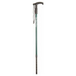Classic Canes Dark Green Walking Staff — slim straight dark green aluminium staff with shaped black plastic handle on top, black wrist strap loop and adjustable telescopic tube visible at the lower end with a rubber ferrule on the tip