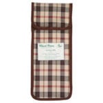 Classic Canes Checked Brown Foldable Cane Bag — slim rectangular fabric pouch in classic tan, brown and red checked pattern with a fold-over Velcro flap at the top and a small Classic Canes Charlotte Gillan label