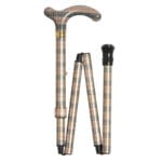 Classic Canes Foldable Checked Petite Cane — folding aluminium walking cane with cream background and black-red checked pattern in classic Burberry style, derby Petite handle