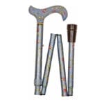 Classic Canes Foldable Cane Grey Blue Flower — partly folded showing the derby handle and shaft covered in a grey background with small blue, red and green floral pattern, with a brown rubber ferrule at one end