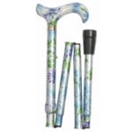 Classic Canes Blue Green Floral Foldable Cane — partly folded showing the derby handle and shaft covered in a white background with blue, green and purple flower pattern, a gold collar between handle and shaft and a black rubber ferrule at one end