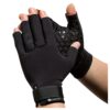 Black Thermoskin warmth gloves worn on both hands with the textured palm visible