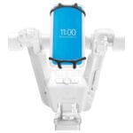 Movinglife Phone Holder for Atto Scooter — flexible black silicone phone cradle on the Atto handlebar with elastic corner bands holding a smartphone in place
