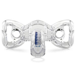 Resmed Forehead Support Mirage Quattro — clear plastic forehead support with adjustable depth scale that clicks onto the upper part of the Mirage Quattro CPAP full-face mask frame