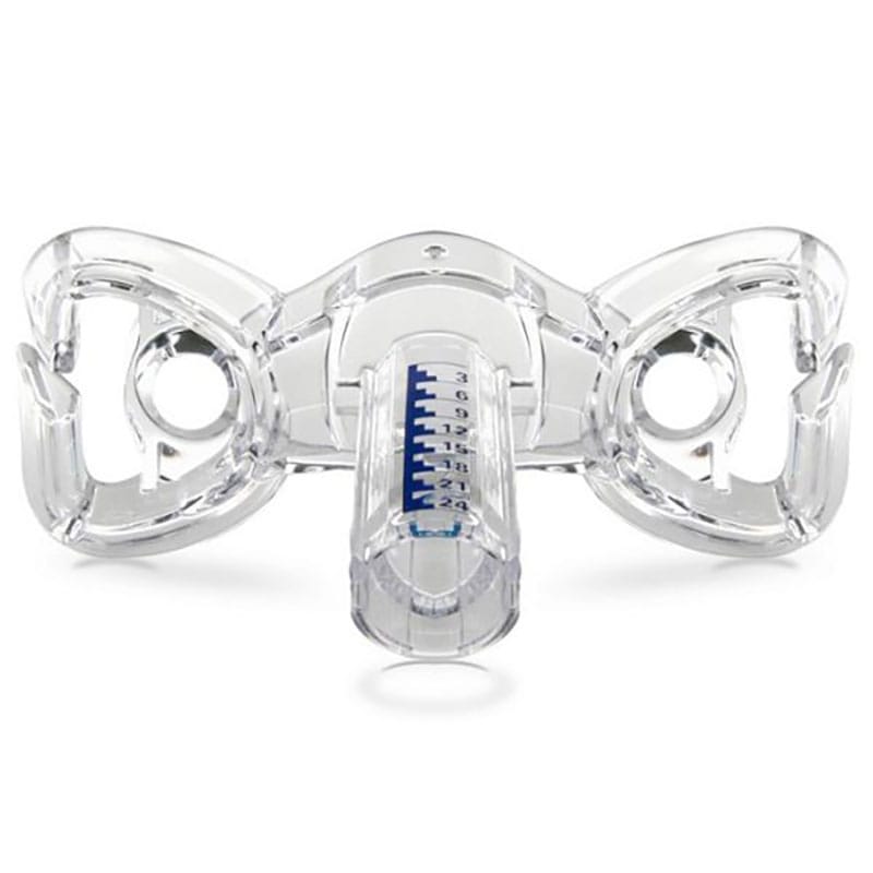Resmed Forehead Support Mirage Quattro — clear plastic forehead support with adjustable depth scale that clicks onto the upper part of the Mirage Quattro CPAP full-face mask frame
