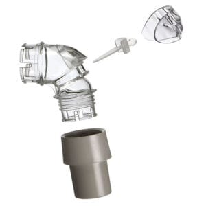 Clear ResMed elbow assembly laid out with the valve, plug and grey tube swivel