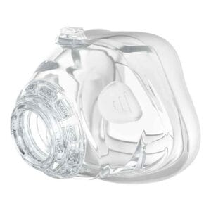 Clear Mirage FX For Her Small silicone cushion seen at an angle with the frame ring