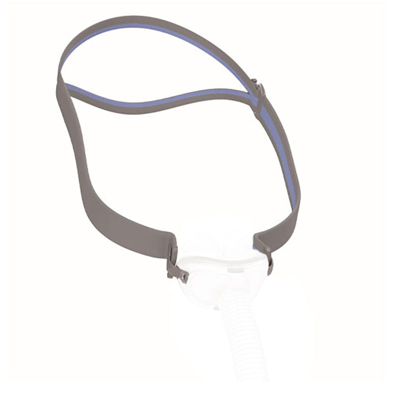 ResMed Headgear AirFit P10 — light grey fabric CPAP headgear with blue edging that holds the AirFit P10 nasal pillow mask in place around the head