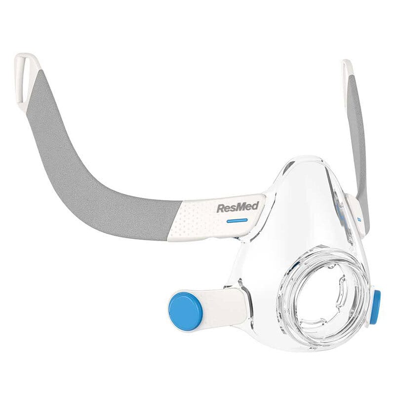ResMed AirFit F20 Mask Frame ResMed AirFit F20 Mask Frame — clear plastic frame with ResMed branding, grey fabric strap and blue release button