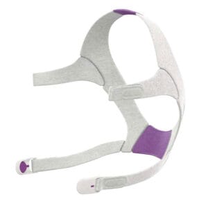 ResMed Headgear AirFit N20 For Her — pink and grey fabric CPAP headgear with hook-and-loop closure that holds the AirFit N20 For Her nasal mask in place on narrower facial shapes
