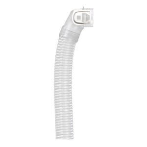 ResMed AirFit N20 Elbow with Short Tube — transparent CPAP elbow with corrugated short tube and quick-release clip