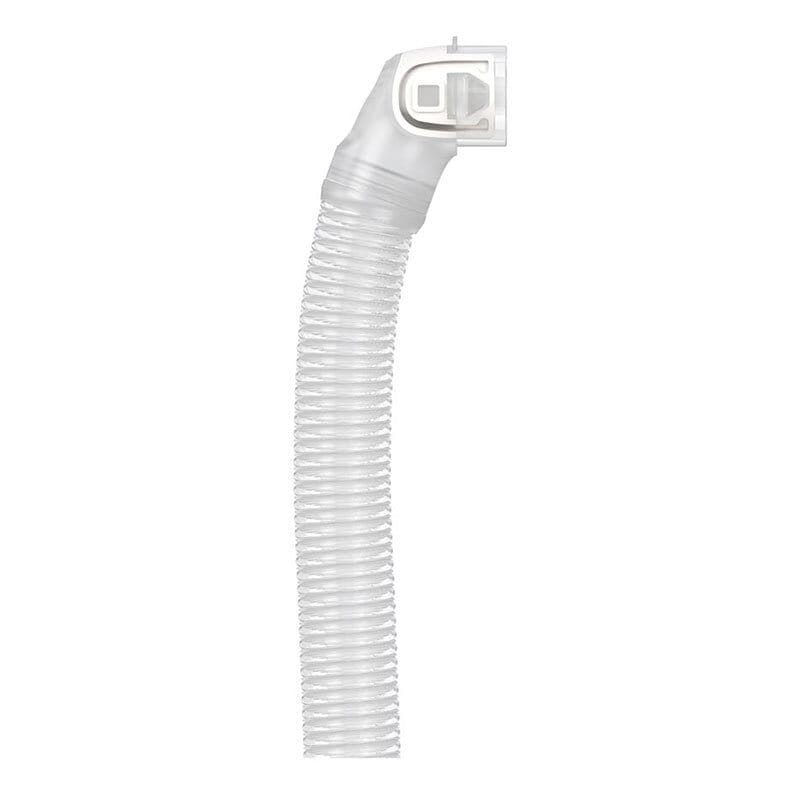 ResMed AirFit N20 Elbow with Short Tube — transparent CPAP elbow with corrugated short tube and quick-release clip