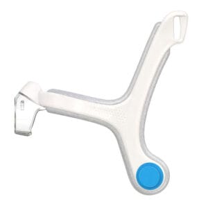 ResMed AirFit N20 Mask Frame — white nasal mask frame with blue adjustment button and clear nozzle