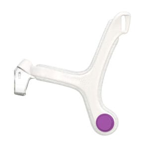 ResMed AirFit N20 For Her Mask Frame — white nasal mask frame with purple accent ring and clear elbow connector
