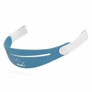 ResMed AirFit N30i and P30i Headgear — blue front textile band with white Velcro straps and ResMed branding