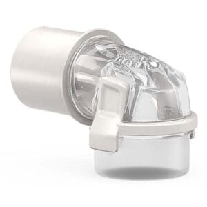 ResMed 30i elbow seen at an angle with the clear dome and white release tab