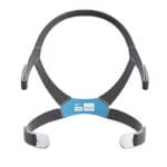 Dark grey ResMed AirFit F40 foam headgear with a light blue label and white magnetic clips