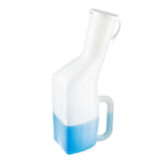 Vitility Urinal Bottle for Men — translucent white plastic 1000 ml male urinal bottle with angled neck, white screw-on lid, side handle and visible volume scale, half full of blue liquid for illustration