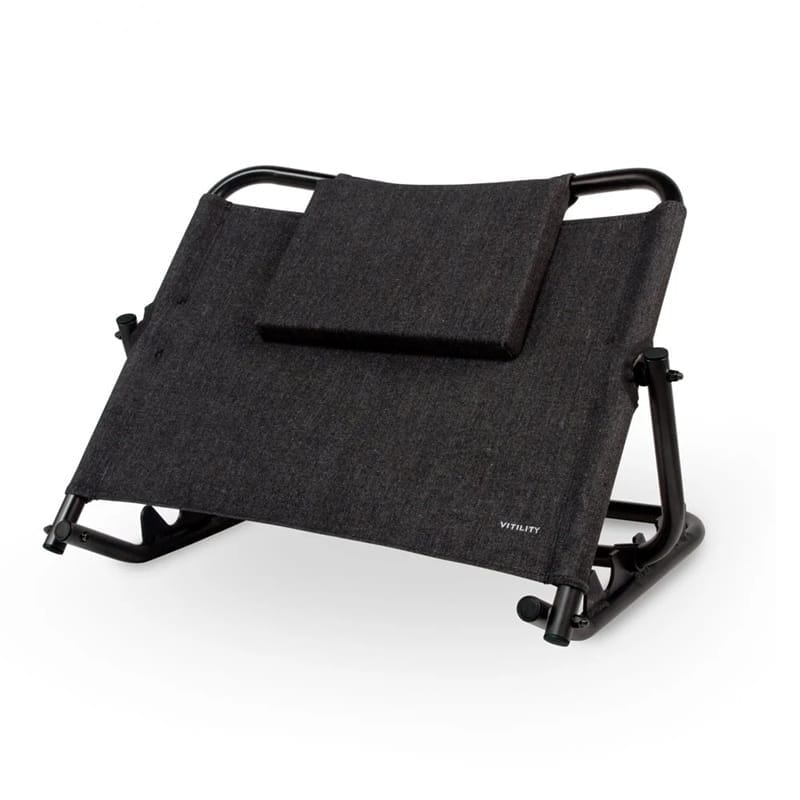 Vitility adjustable backrest for the bed in dark grey fabric on a black frame with a removable head cushion