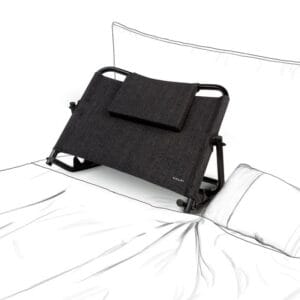 The backrest standing on a mattress with the bed drawn in outline around it