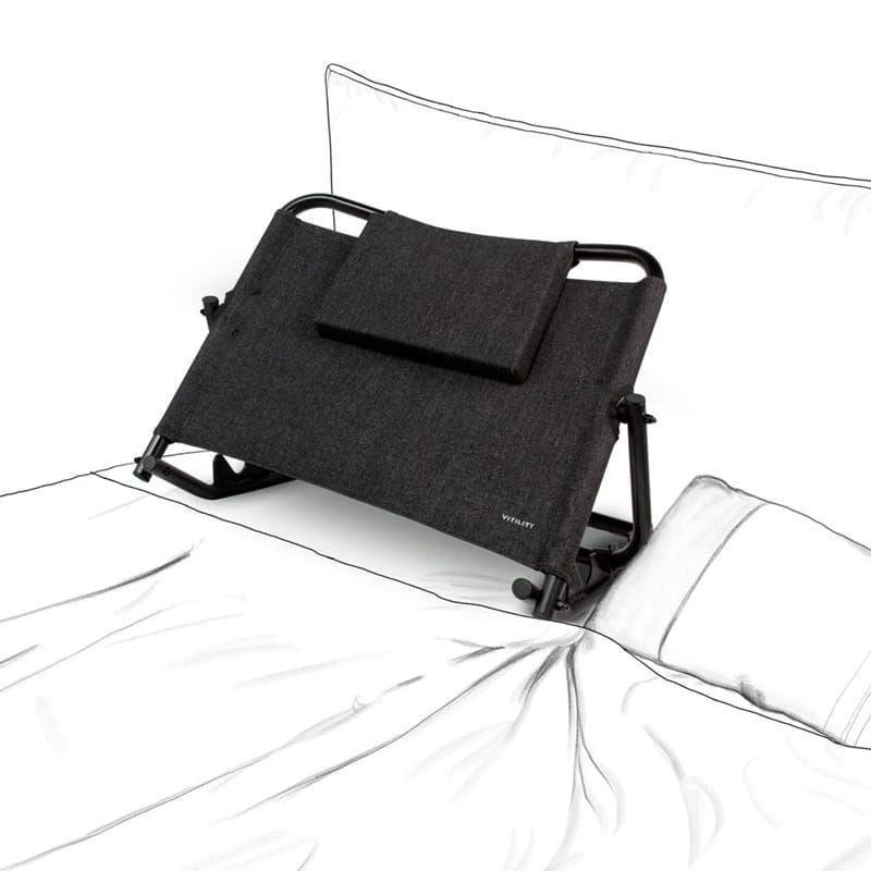 The backrest standing on a mattress with the bed drawn in outline around it