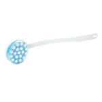 Vitility Dalton Long-Handled Body Lotion Applicator — long curved white plastic handle with a round head at one end holding multiple small white rotating balls within a blue ring, plus a small hanging loop at the opposite handle end