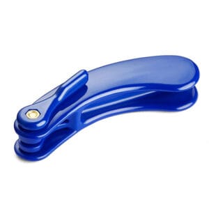 Vitility Key Grip Lever for Three Keys — slim blue plastic curved lever with a small brass screw on one end, designed to hold up to three keys between the two plastic halves